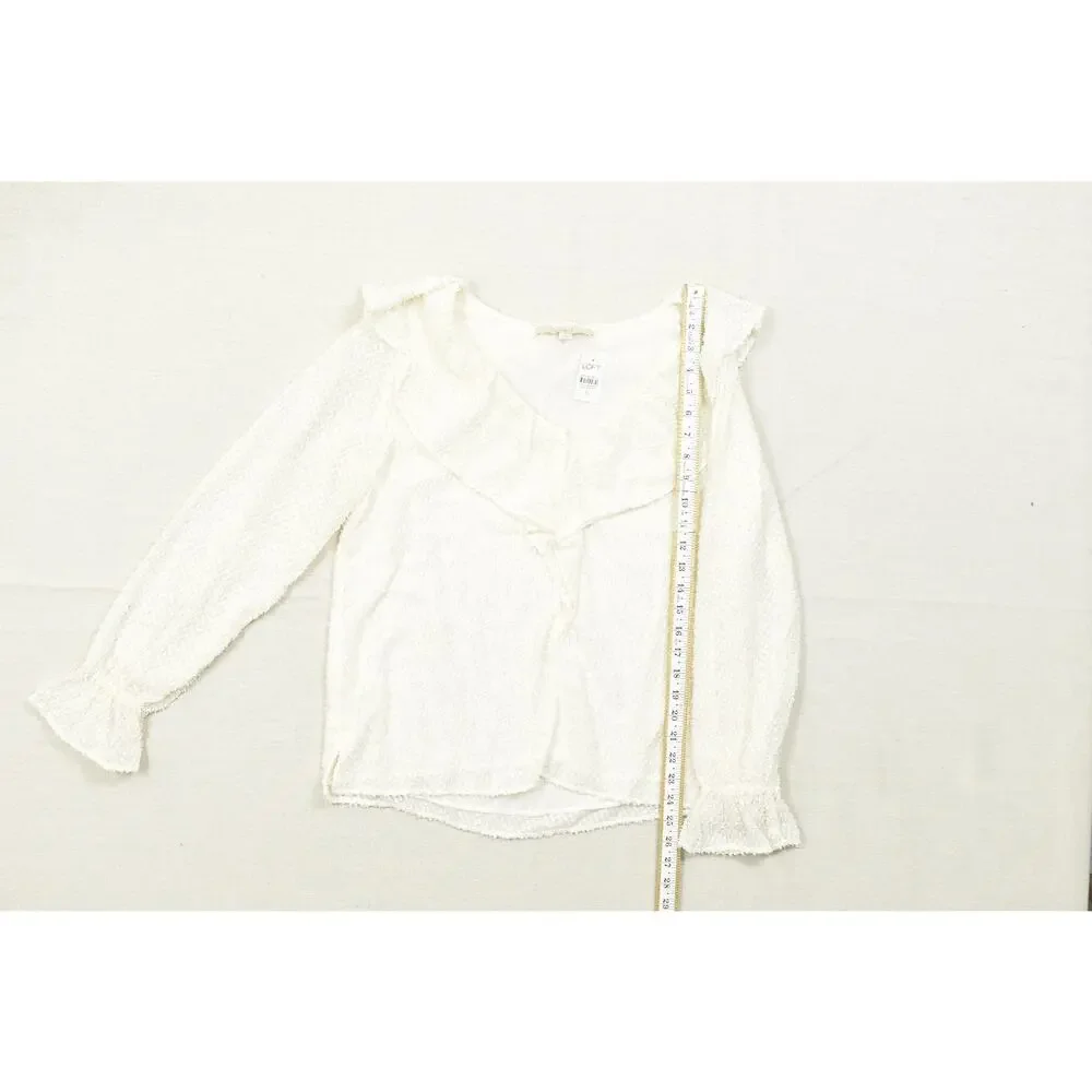 LOFT Women's Medium Cream Textured Ruffle V-Neck Long Sleeve Blouse Gold Metalli